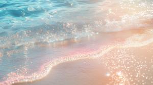 This image features a tranquil beach scene with turquoise waves and soft sandy shores. 

