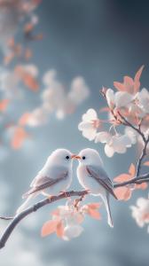 A serene image of two white birds sharing a tender moment on a branch, surrounded by soft blossoms.

