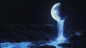 A surreal moon waterfall in a dark, luminous landscape. 

