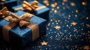 A festive arrangement of blue gift boxes with golden bows and star-shaped confetti on a dark background.