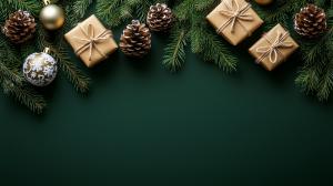 Festive holiday background with gifts, pine cones, and ornaments on a green backdrop.