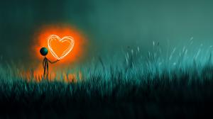 A stick figure in a field holds a glowing heart, creating a warm and whimsical atmosphere. 

