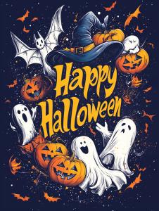 Happy Halloween design with pumpkins, ghosts, and a bat on a dark background. 

