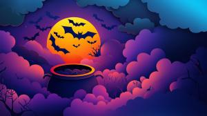 A colorful Halloween scene with a glowing moon, bats, and a cauldron, perfect for themed presentations. 

