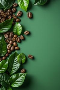A vibrant arrangement of coffee beans and green leaves on a textured green background.

