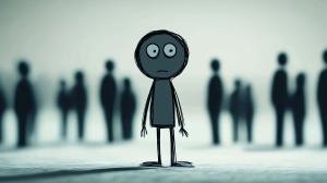 A lonely cartoon character stands amidst shadowy figures, symbolizing isolation and introspection.


