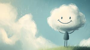 A cheerful cloud character stands on a grassy hill against a blue sky, radiating joy and positivity. 


