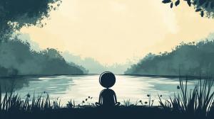 A tranquil illustration of a figure meditating by a peaceful lake, surrounded by nature&#039;s beauty.

