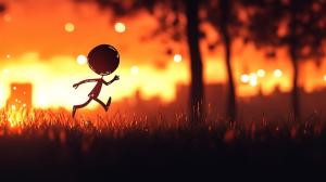 A whimsical stick figure runs through a grassy field at sunset, symbolizing freedom and adventure. 

