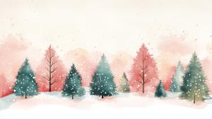 A serene watercolor winter landscape with evergreen trees and soft pastel colors, perfect for seasonal presentations.

