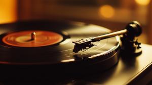A close-up of a vintage turntable playing a vinyl record with warm lighting.


