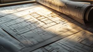 This image features an illuminated architectural blueprint with detailed designs and measurements. 

