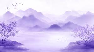 This serene purple landscape features misty mountains, trees, and birds, perfect for calming presentations. 

