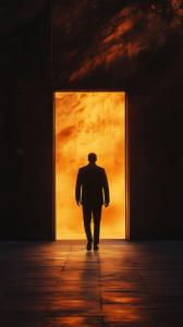 A silhouetted figure walks through a brightly lit orange doorway against a dark background. 

