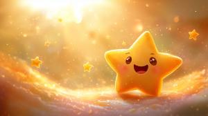 A cheerful yellow star with a smiling face against a magical golden background.

