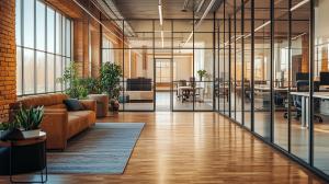 Modern office interior with natural light, plants, and glass partitions, creating an inviting workspace.

