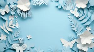 A serene blue background with paper flowers and butterflies, perfect for nature-themed presentations.

