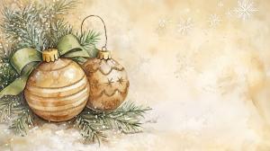 A festive watercolor design featuring Christmas ornaments and pine branches on a soft beige background.