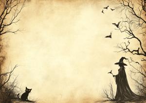 A spooky Halloween-themed PowerPoint background with a witch, bats, and a black cat on a textured beige backdrop. 

