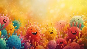Cheerful cartoon microorganisms in vibrant colors with a warm golden background. 

