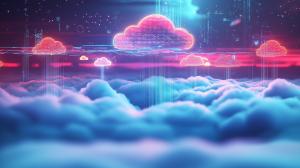 A vibrant digital landscape with neon clouds and data streams, ideal for tech-themed presentations. 


