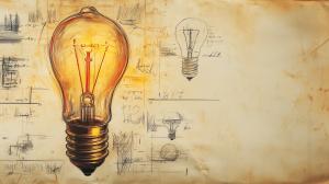 A glowing light bulb with sketches on a vintage background, symbolizing creativity and innovation. 

