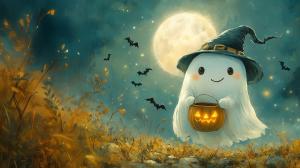 A cute ghost in a witch&#039;s hat holds a pumpkin against a moonlit Halloween backdrop.
