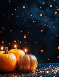 A festive arrangement of glowing pumpkins against a starry blue background, perfect for autumn presentations. 

