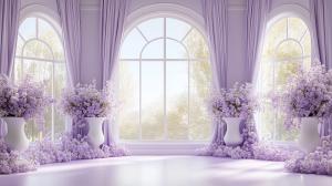 A serene interior with lavender curtains and floral arrangements, perfect for elegant presentations. 

