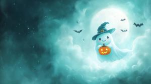 A cute ghost in a witch&#039;s hat holds a pumpkin against a mystical moonlit background with bats.

