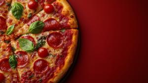 A vibrant pizza with pepperoni, cherry tomatoes, and basil on a rich red background. 

