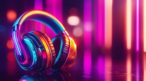 A vibrant pair of headphones against a colorful, blurred light background. 

