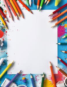 A colorful art supplies background with a blank sheet for creative presentations. 


