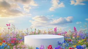 A vibrant outdoor scene with a white pedestal surrounded by colorful wildflowers and a blue sky.

