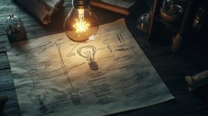 A vintage light bulb illuminating sketches on aged parchment, evoking creativity and innovation. 

