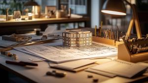 This image shows an architectural workspace with a model building and blueprints, illuminated by warm light. 

