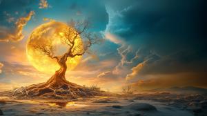 A surreal landscape featuring a glowing moon and a solitary tree against a vibrant sky.

