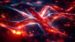 A glowing Union Jack flag with dynamic textures and vibrant colors. 

