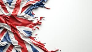 A dynamic, fluid representation of the Union Jack flag on a smooth white background.

