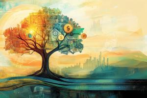 A vibrant tree symbolizing wealth and growth, intertwined with currency elements against a warm gradient background. 

