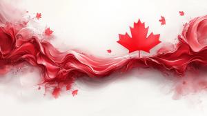 This artistic background features a red maple leaf and flowing red waves, symbolizing Canada. 

