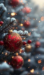 A festive Christmas tree branch with red ornaments and warm bokeh lights.