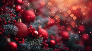 A festive Christmas scene featuring red ornaments and evergreen branches with warm bokeh lights.