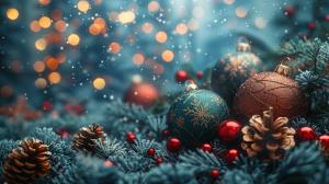 A festive arrangement of Christmas ornaments and pine branches with a soft bokeh background.