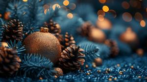 A festive arrangement of golden ornaments and pine cones against a blue backdrop, perfect for holiday presentations.