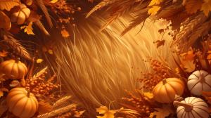 Autumn-themed background with pumpkins and foliage in warm orange tones.