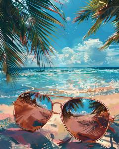 A pair of sunglasses reflecting a tropical beach scene with palm trees and ocean waves.


