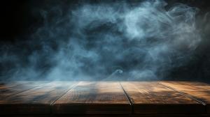 A wooden table with swirling smoke in a dark background, creating a mysterious atmosphere.

