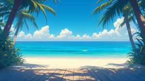 A tranquil beach scene with palm trees and a clear blue sky, perfect for travel presentations. 

