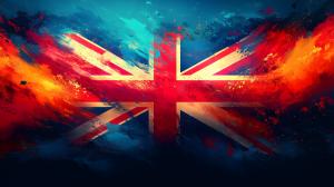 A vibrant, abstract representation of the Union Jack with dynamic colors for a modern presentation background.

